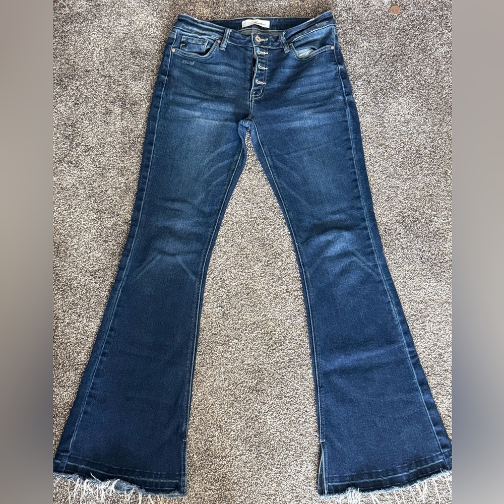KanCan Button Fly Flare Jeans Size 11/29 Dark Wash Raw Hem